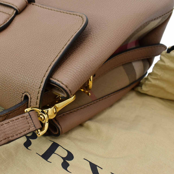 BURBERRY Banner Derby Small House Check Leather Tote Shoulder Bag Pale Taupe