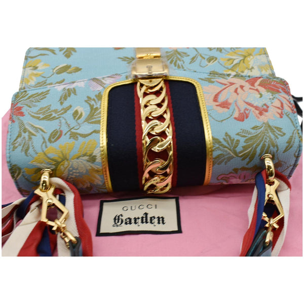 GUCCI Sylvie Medium Flora Fabric Canvas Top Handle Bag Light Blue 551150