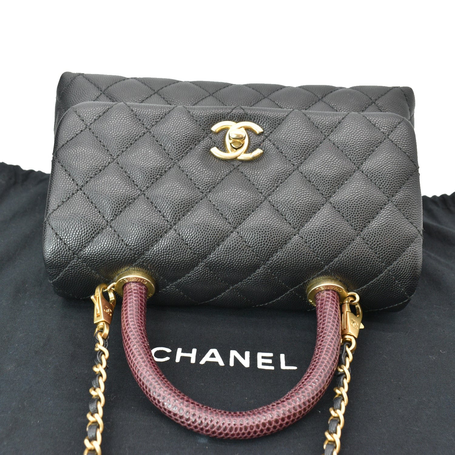 CHANEL Coco Mini Top Lizard Handle Caviar Leather Shoulder Bag Black