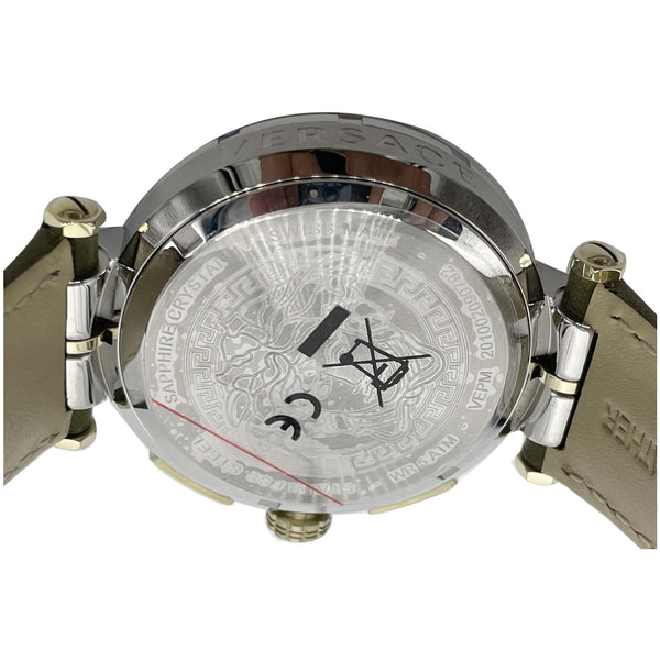 VERSACE Greca Chronograph Leather Date Watch Silver Dial 45MM