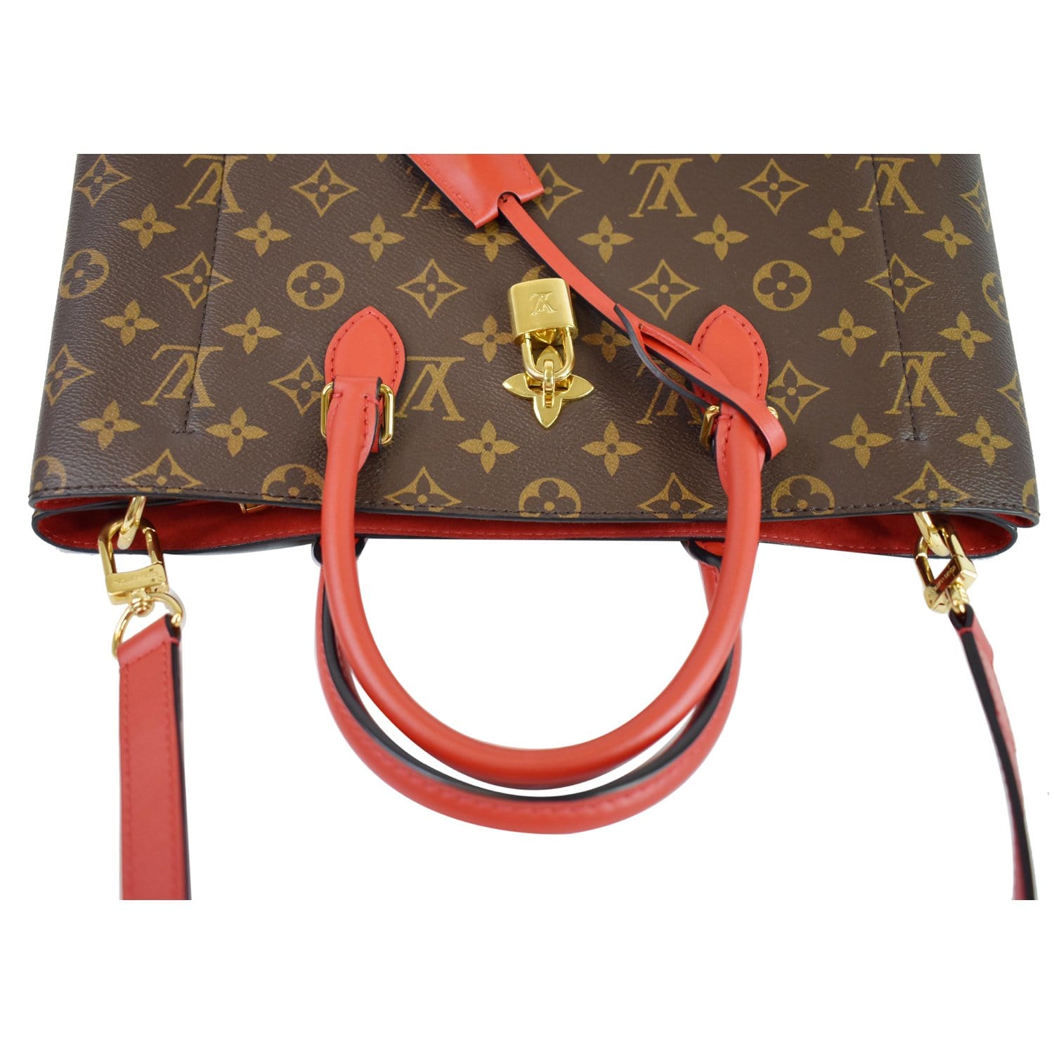 Red Leather and Brown Monogram Coated Canvas Flower Tote Gold Hardware, 2020