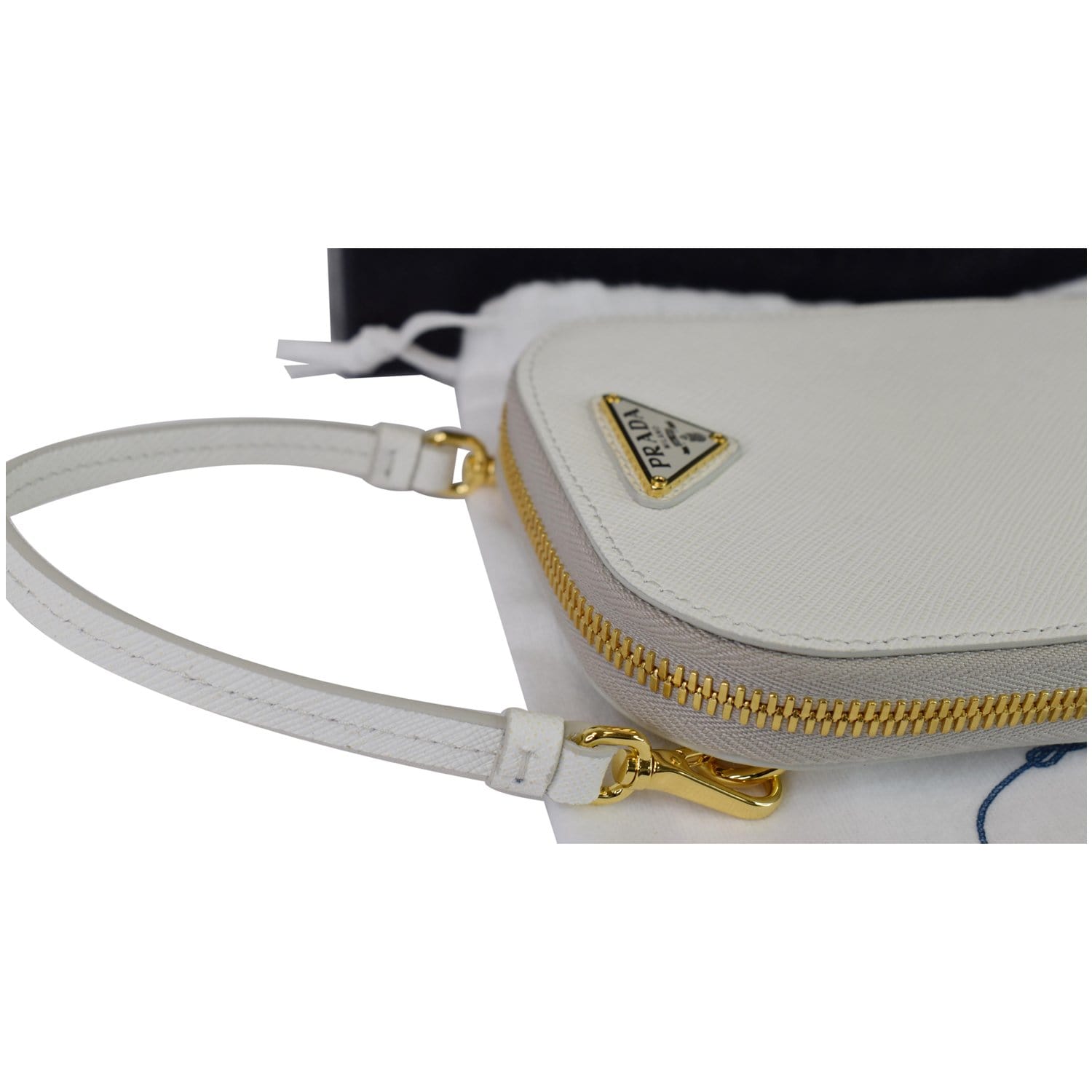 PRADA Saffiano Triangle Leather Crossbody Phone Pouch Bag White