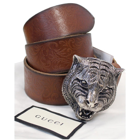 Gucci Feline Buckle Calfskin Leather Belt Size new look