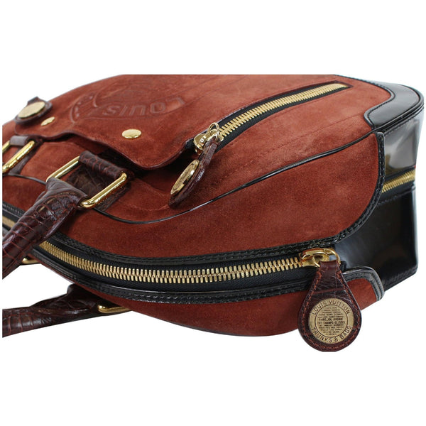 LOUIS VUITTON Stamped Trunk GM Suede Havane Satchel Bag Red