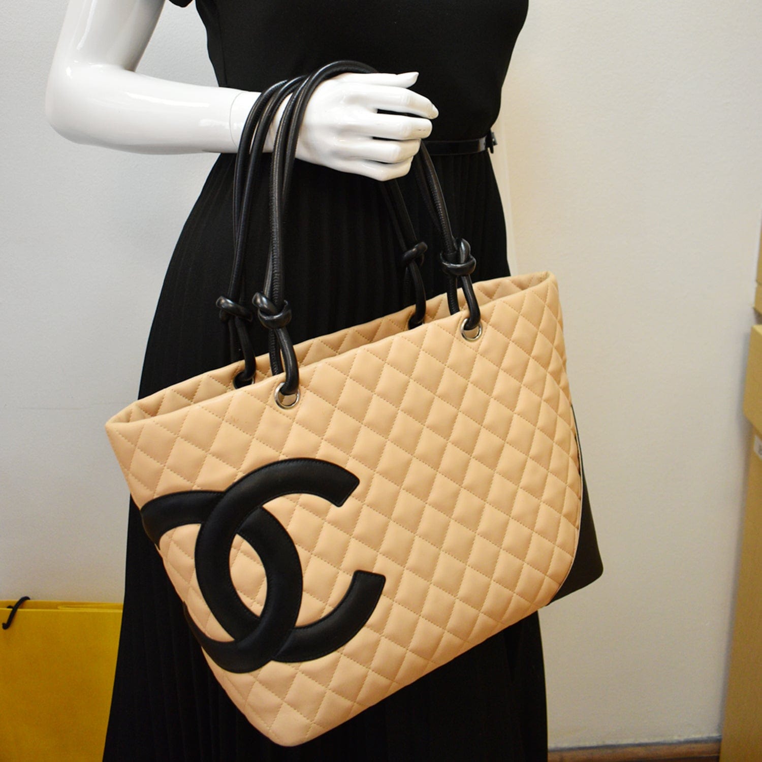 CHANEL Cambon Ligne Large Quilted Leather Tote Bag Beige