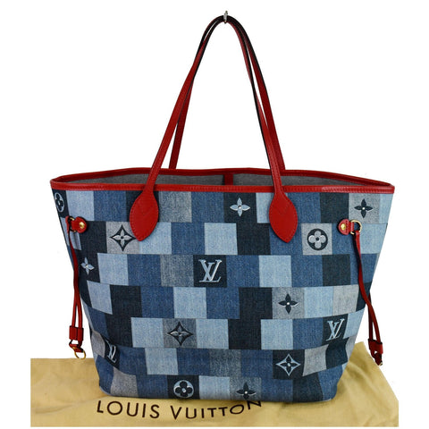 LOUIS VUITTON Neverfull MM Patchwork Monogram Denim Shoulder Bag Blue