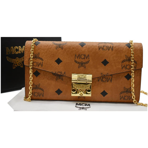 MCM Patricia Visetos Monogram Crossbody Chain Wallet Cognac