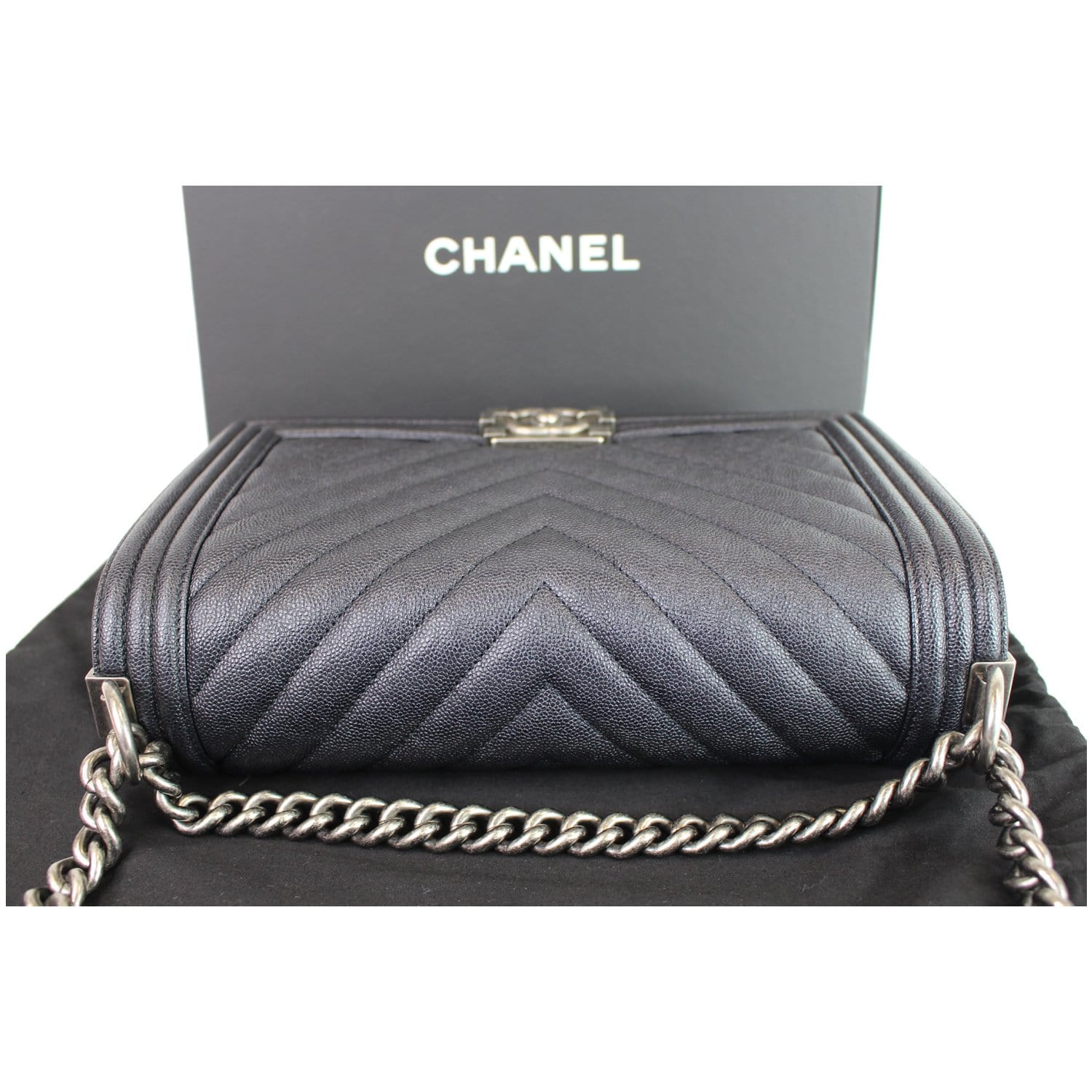 Chanel Boy New Medium Chevron Caviar Shoulder Bag Navy