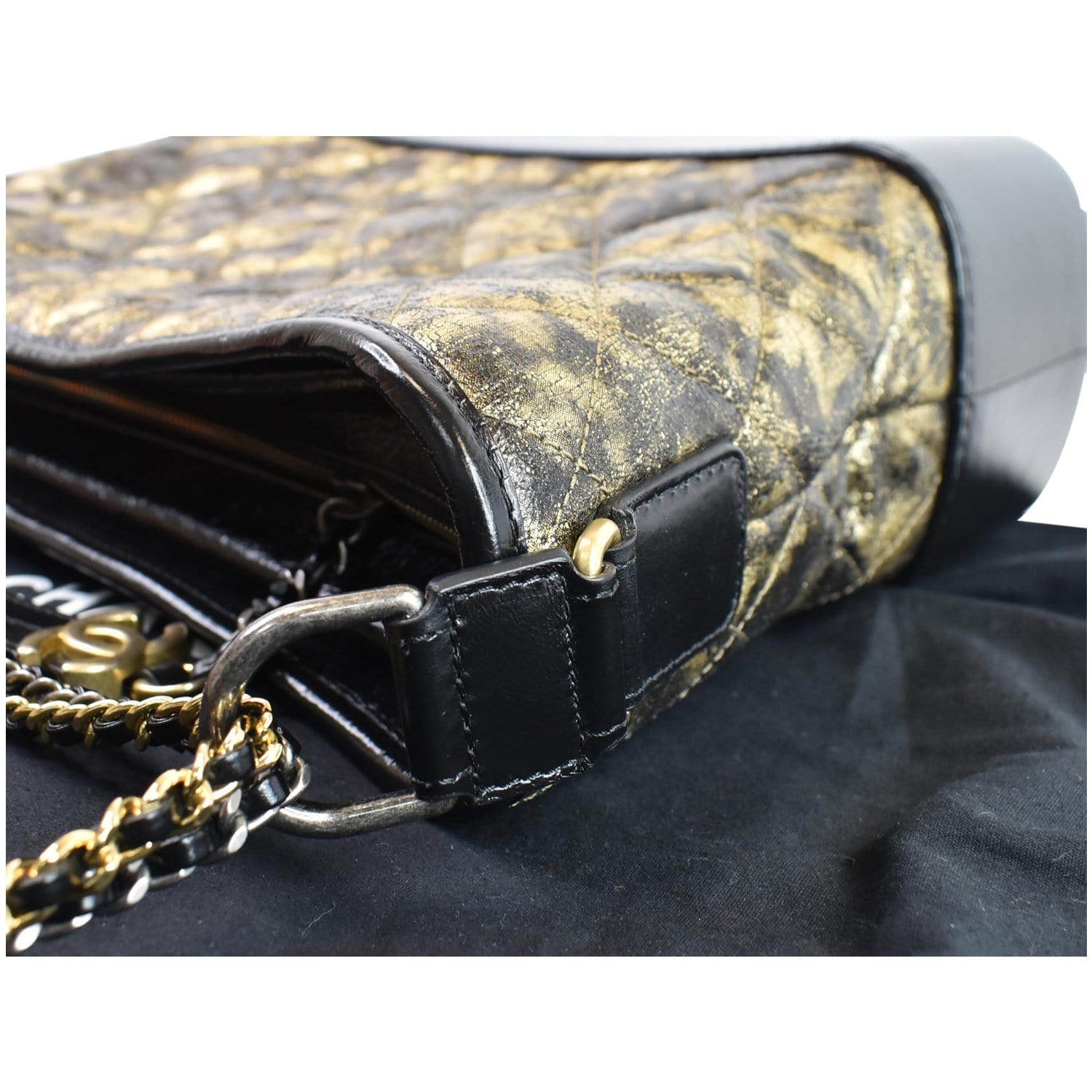 CHANEL Gabrielle Metallic Crumpled Leather Hobo Shoulder Bag Black/Gol
