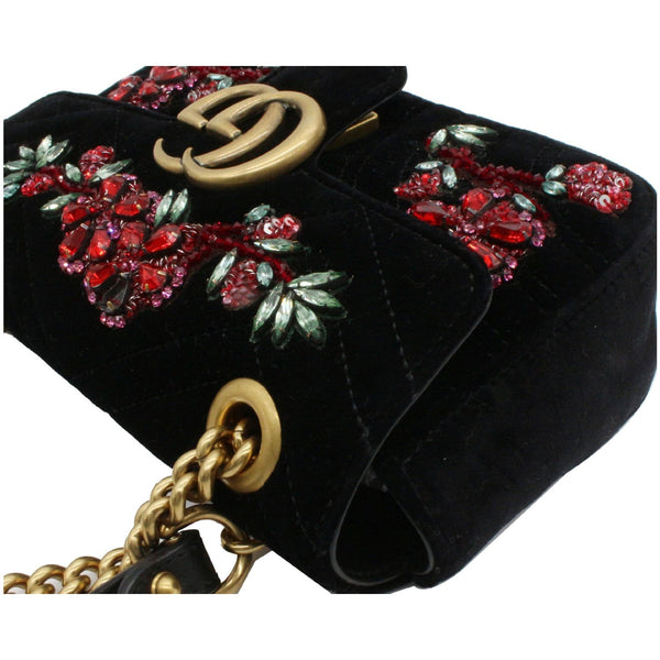 Gucci GG Marmont Floral Gems Mini Velvet Matelasse Embroidered Shoulder Bag Black