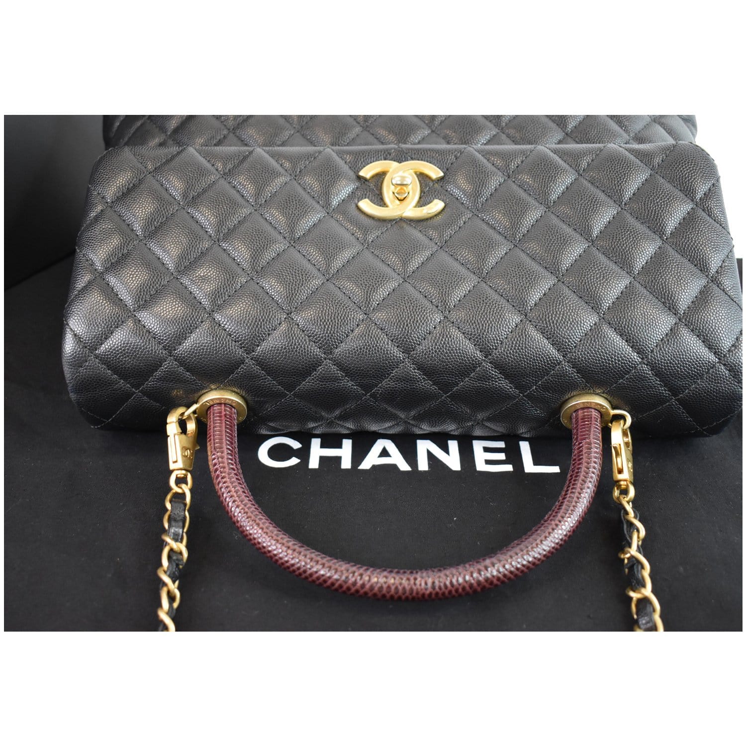 Chanel Large Coco Quilted Caviar Lizard Handle 2way Bag