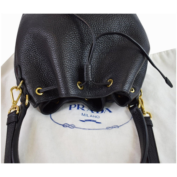 PRADA Logo Drawstring Leather Bucket Shoulder Bag Black
