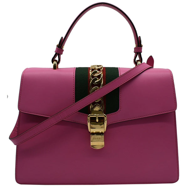 GUCCI Sylvie Medium Web Smooth Leather Top Handle Shoulder Bag Pink 431665