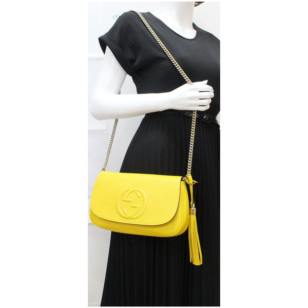 GUCCI Soho Chain Flap Leather Crossbody Bag Yellow 536224