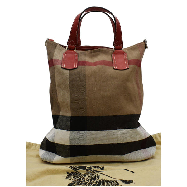 BURBERRY Susanna Medium Check Canvas Leather Bucket Shoulder Bag Red