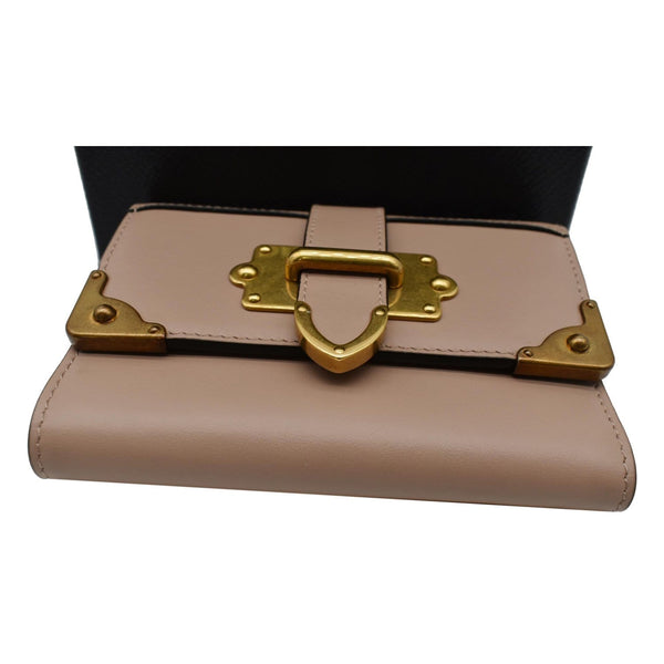 PRADA Cahier Saffiano French Compact Flap Wallet Beige