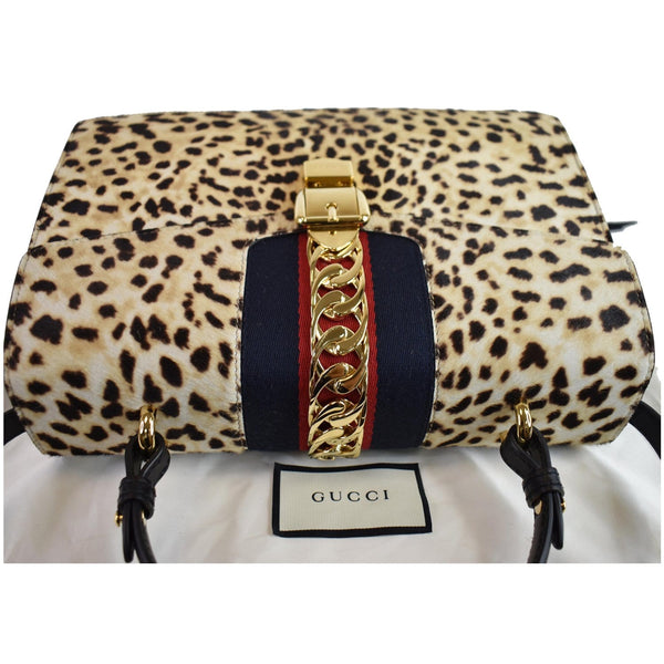 GUCCI Leopard Print Sylvie Medium Calf Hair Top Handle Bag Beige 431665