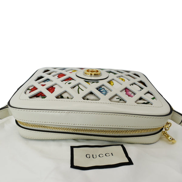GUCCI Cutout Floral Canval Leather Shoulder Bag 550132 White