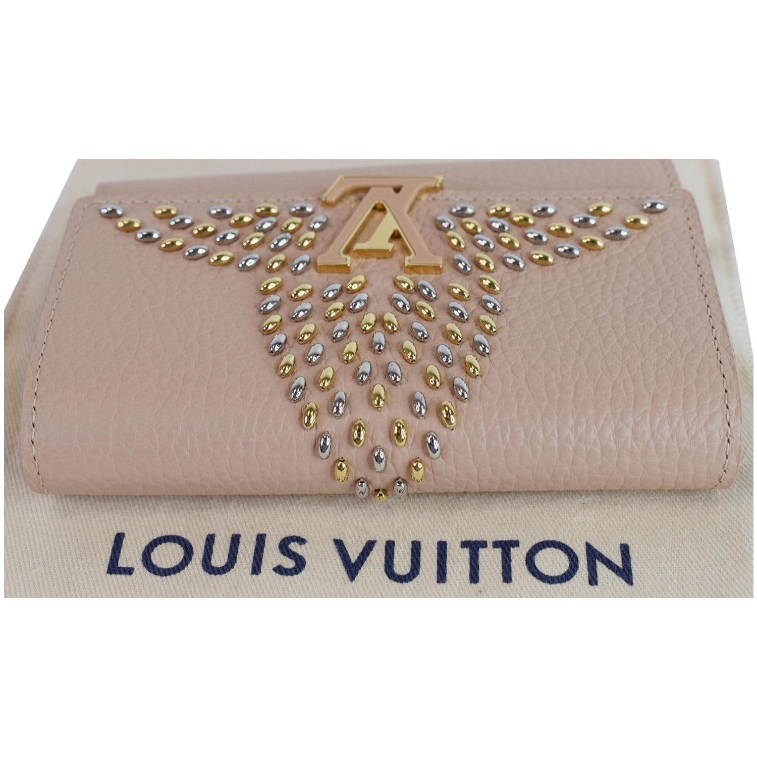Preloved Louis Vuitton Beige Leather Studded Capucines Compact Wallet MI0169 092823