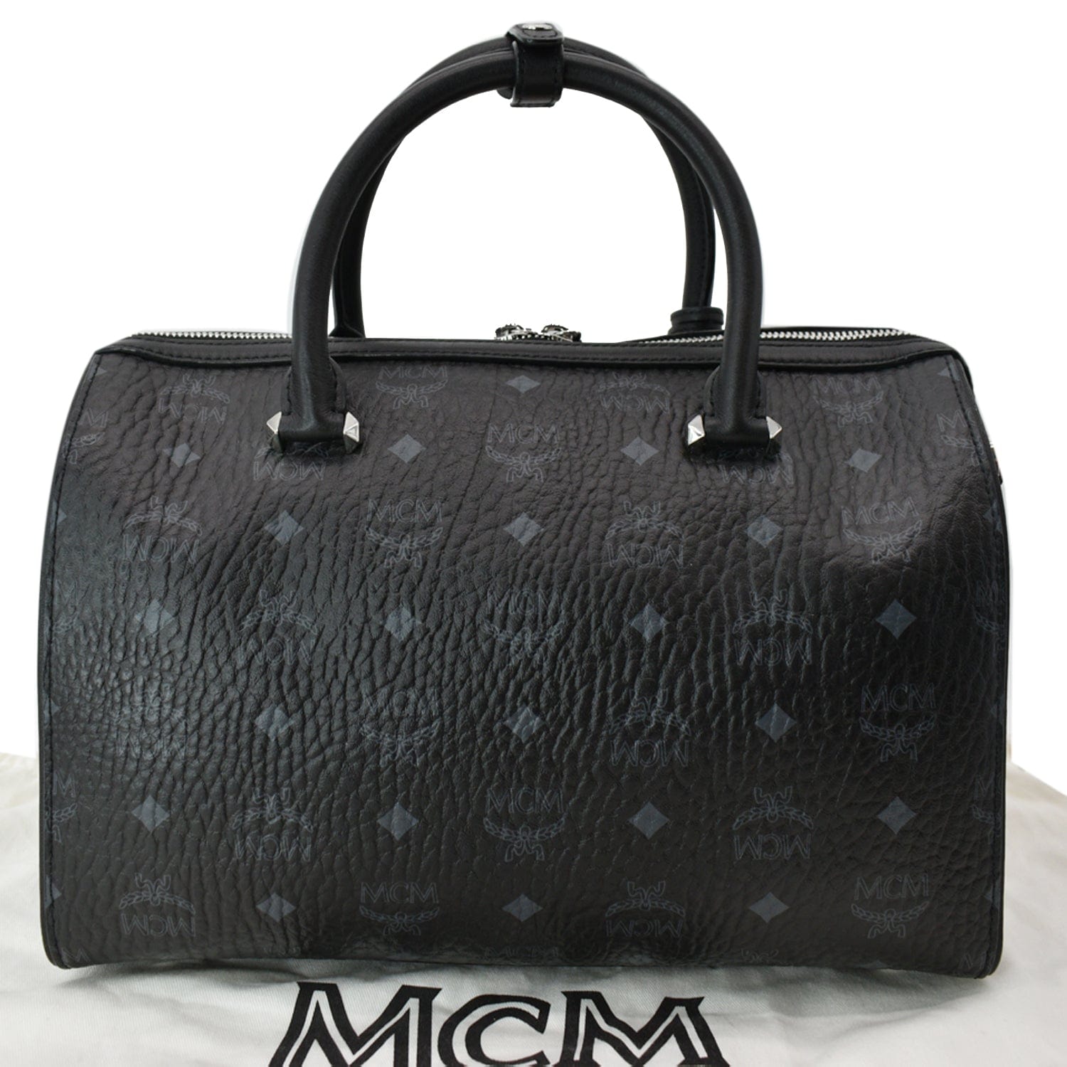 MCM Black Leather Vintage Studded Logo Motifs Boston Bag