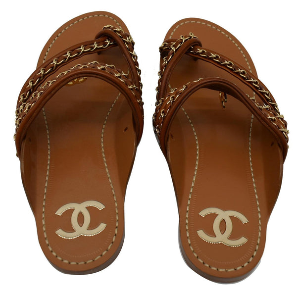 Chanel Thong CC Charm Leather Flat Sandals Brown