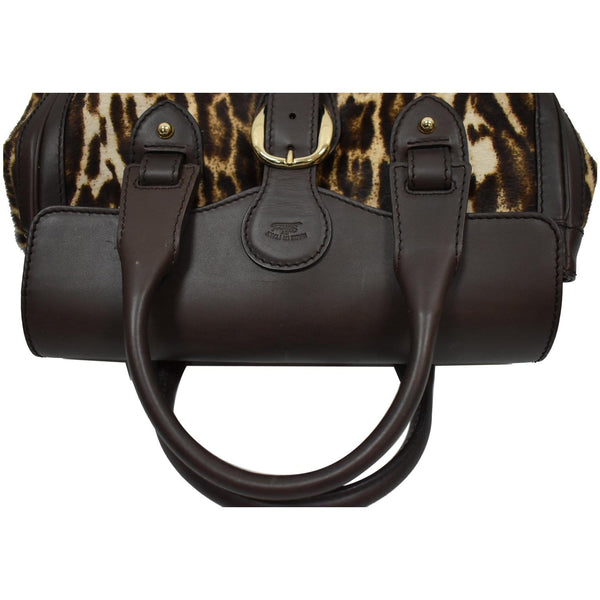 GUCCI Heritage Medium Pony Hair Leopard Print Leather Boston Bag Brown