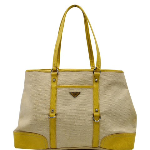 PRADA Fabric Canvas Leather Tote Bag Beige - 25% OFF