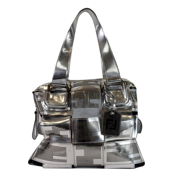 FENDI Crossword Metallic Perforated Leather Shoulder Bag Silver
