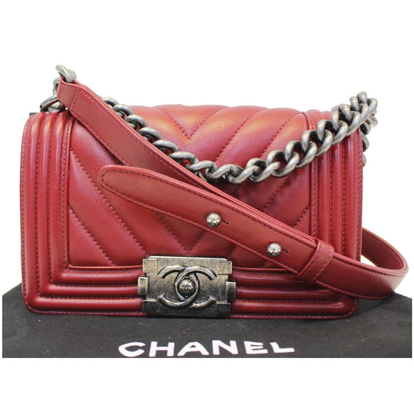 CHANEL Small Chevron Boy Calfskin Leather Flap Bag Burgundy