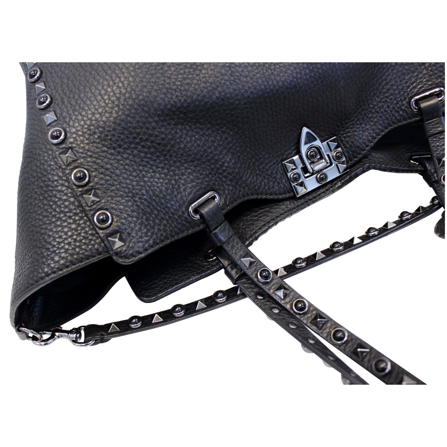 Valentino Rockstud Noir Black Leather Medium Tote Shoulder Bag-US