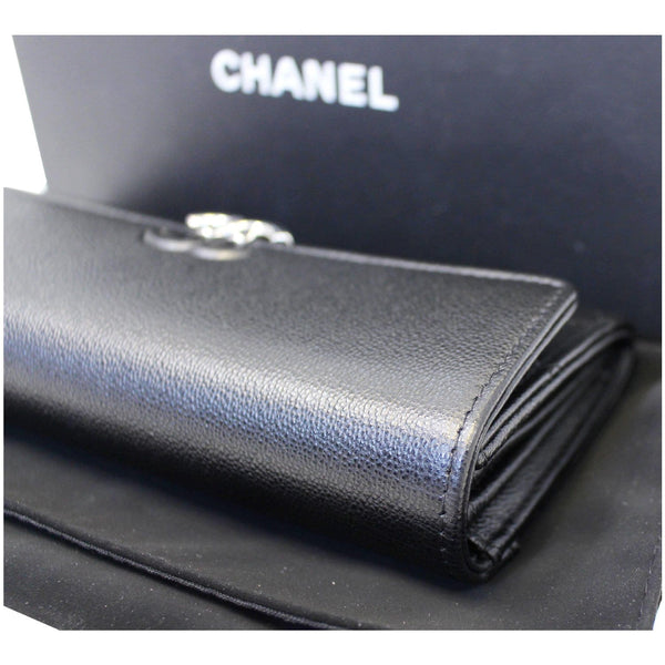 CHANEL Grained Leather Long Flap Wallet Silver-Tone Metal