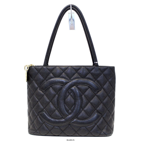 CHANEL Medallion Quilted Caviar Leather Tote Bag Black