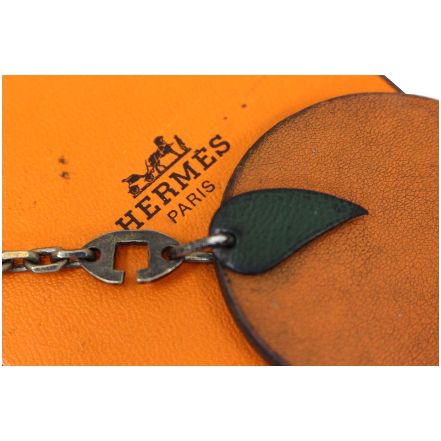 Hermes Orange Shopping Sac Bag Charm Key Chain Pom Pom Carmen
