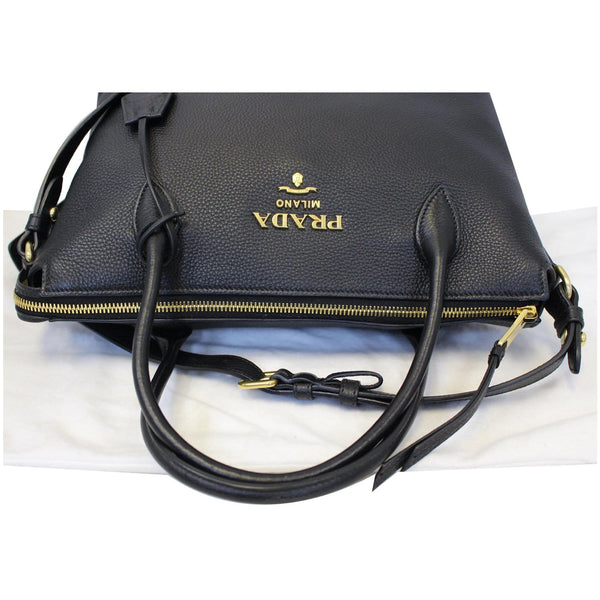 PRADA Daino Medium Leather Tote Shoulder Bag Black