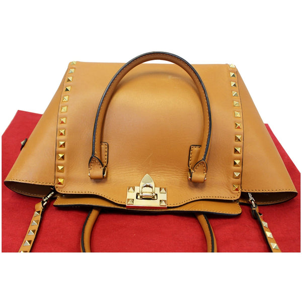 VALENTINO Rockstud Small Double Handle Leather Tote Bag Camel Brown