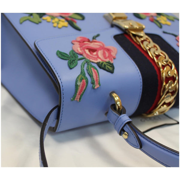 GUCCI Sylvie Embroidered Leather Medium Top Handle Bag Blue 431665