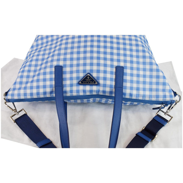 PRADA Textured Nylon Check Tote Shoulder Bag Blue