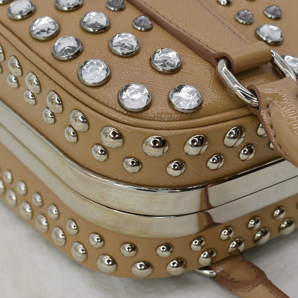 PRADA Vernice Crystal Small Frame Studded Saffiano Leather Top Handle Bag Beige