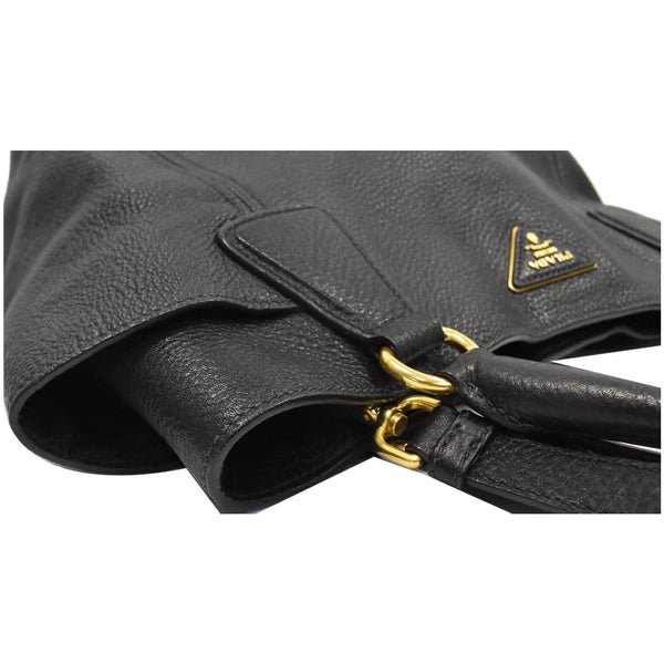 PRADA Vitello Daino Side-Pocket Leather Tote Shoulder Bag Black