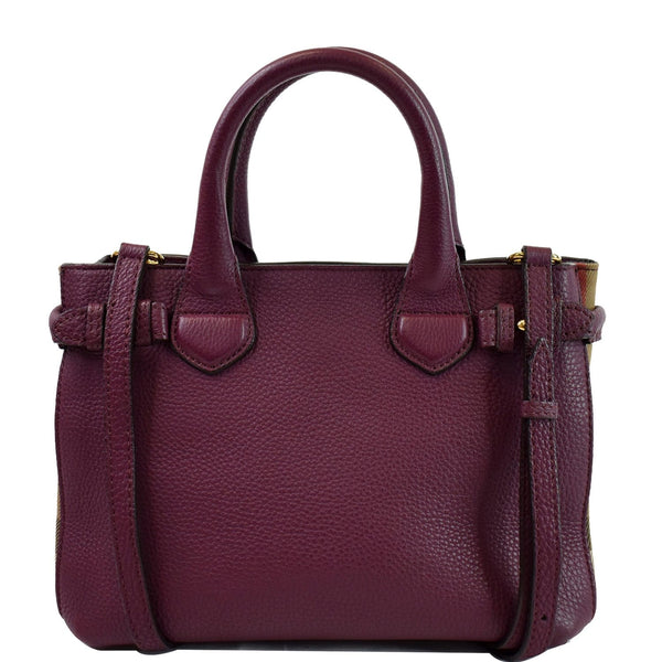 BURBERRY Small Banner Leather House Check Tote Shoulder Bag Burgundy