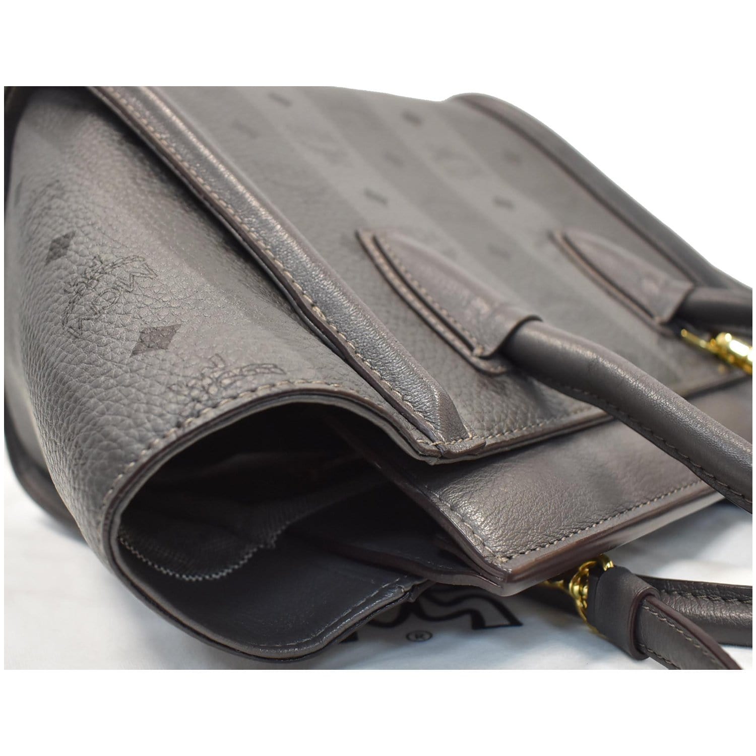 MCM Kathy Visetos Logo Printed Leather Tote Shoulder Bag Grey - 25% OF
