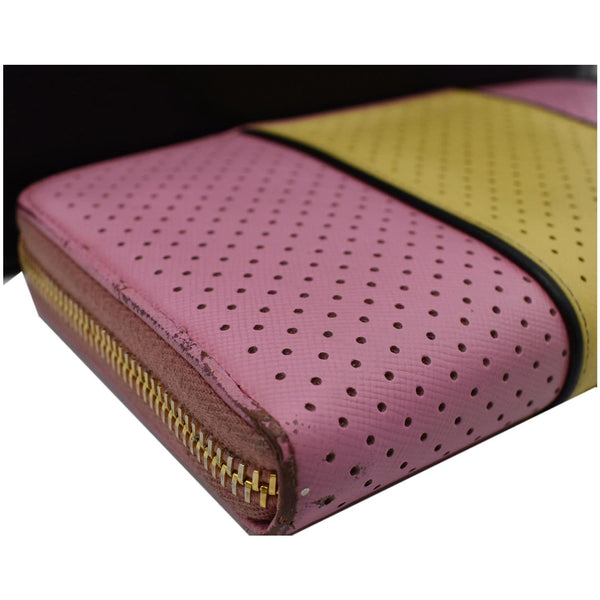 PRADA Striped Perforated Saffiano Leather Zip Around Wallet Pink/Yellow