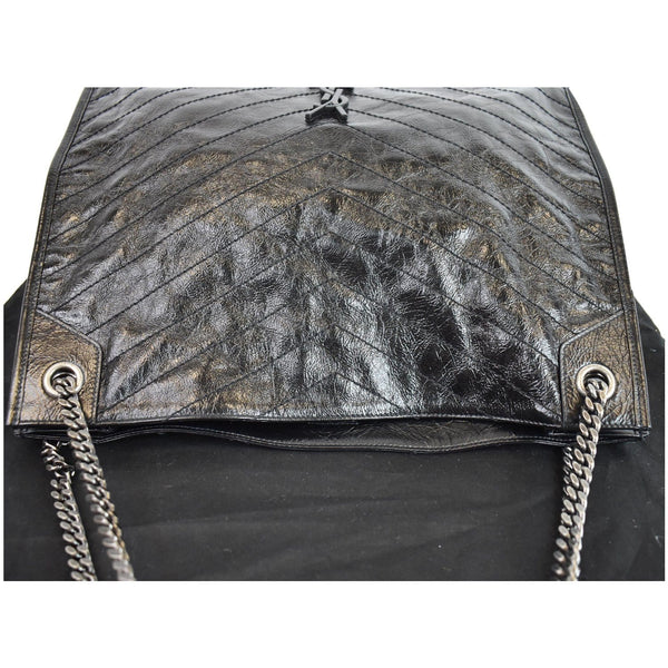 YVES SAINT LAURENT Niki Large Crinkle Leather Shopper Tote Bag Black
