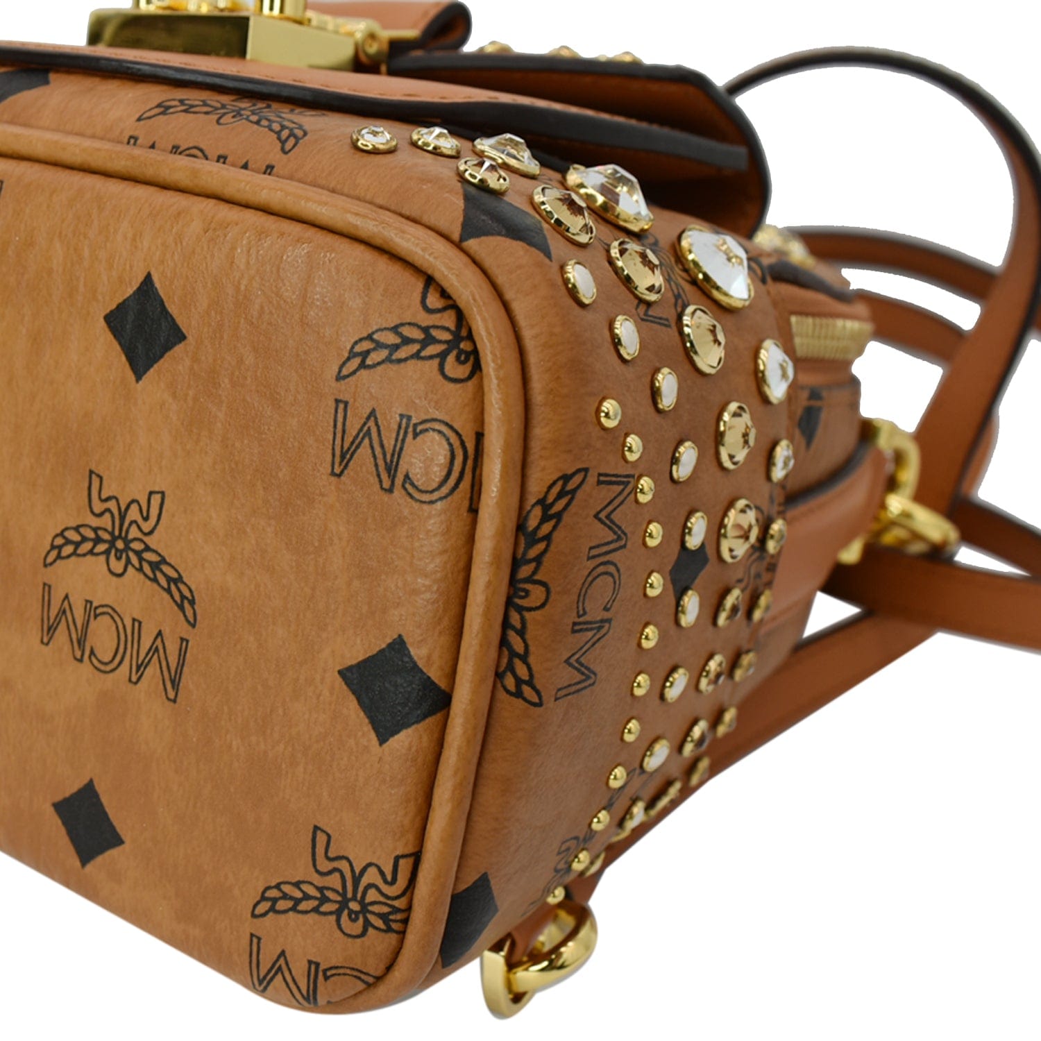 harga mcm mini backpack original MCM Crystal Visetos Mini Nappa Leather Backpack Bag Cognac