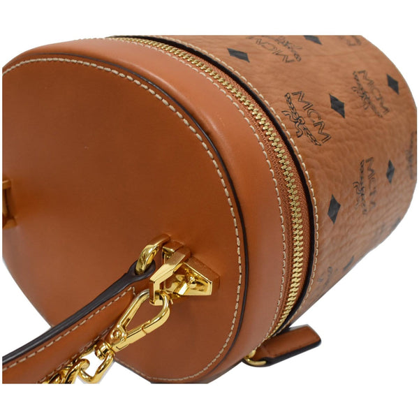 MCM Small Cylinder Visetos Monogram Leather Crossbody Bag Cognac