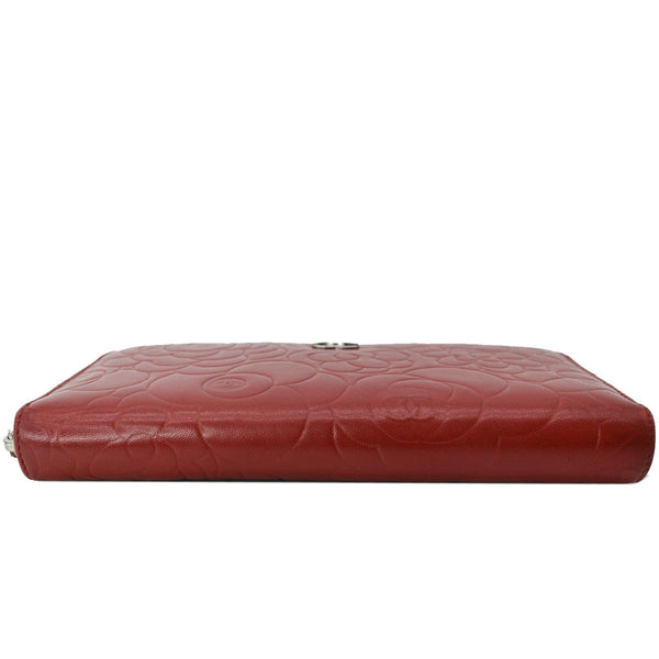 CHANEL Zippy Camellia Embossed Leather Wallet Red