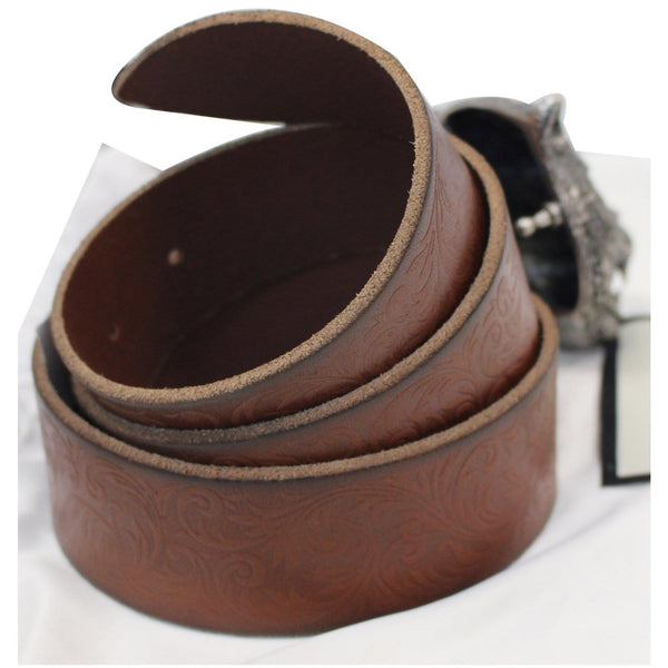 GUCCI Feline Buckle Calfskin Leather Belt Brown Size 75.30 - Last Call