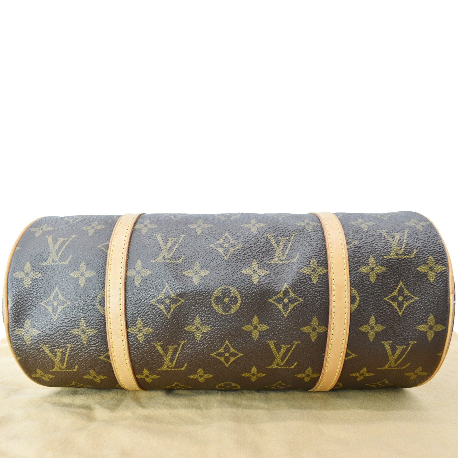Louis Vuitton cylinder shaped monogrammed bag photographed on a
