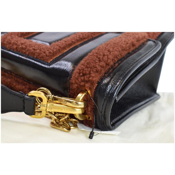 FENDI Kan U Medium Shearling Patent Leather Shoulder Bag Brown