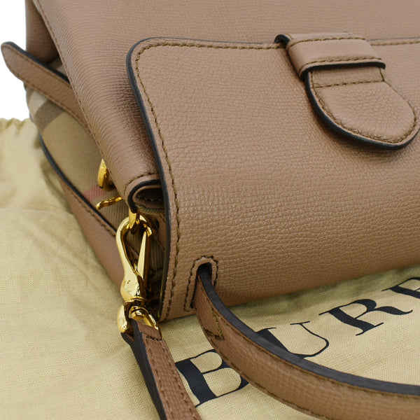 BURBERRY Banner Derby Small House Check Leather Tote Shoulder Bag Pale Taupe